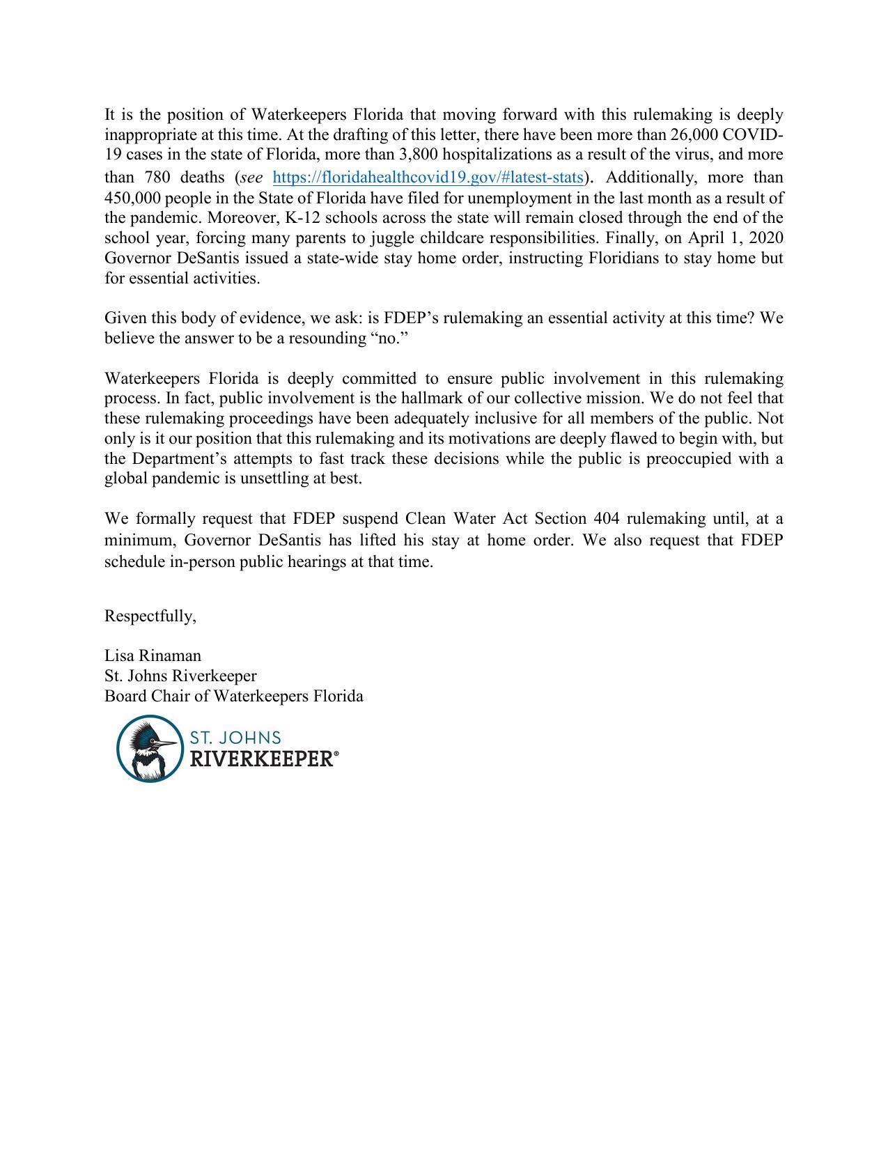 Given this body of evidence, we ask: is FDEP’s rulemaking an essential activity at this time? We believe the answer to be a resounding “no.”