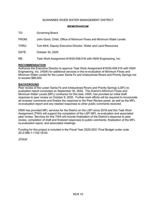 [additional services, re-evaluation of Minimum Flows and Minimum Water Levels, Lower Santa Fe and Ichetucknee Rivers and Priority Springs not to exceed $66,000.]