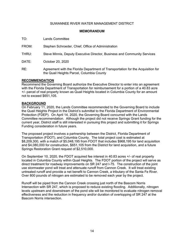 [reimbursement to FDOT for a portion of a 40.83 acre +/- parcel of real property known as Quail Heights located in Columbia County for an amount not to exceed $651,105.]