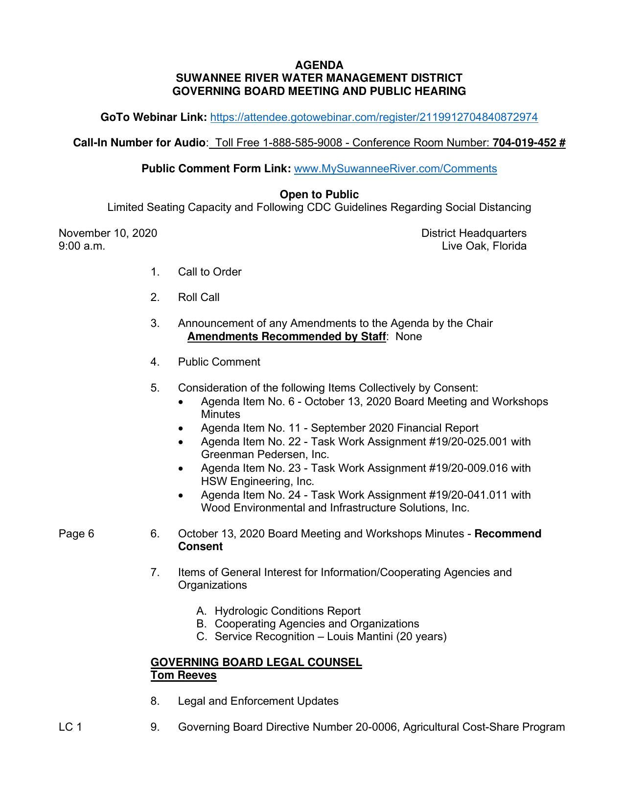 Public Comment, Consent Agenda, Hydrologic Conditions, Legal Counsel