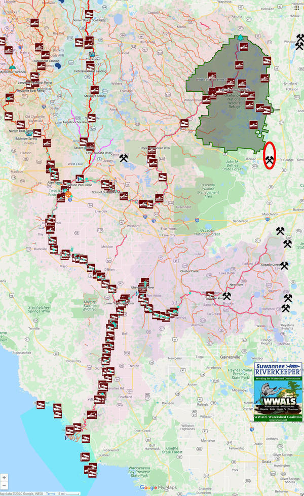 [Map: Mine, Okefenokee, Georgia, Florida, Gulf]