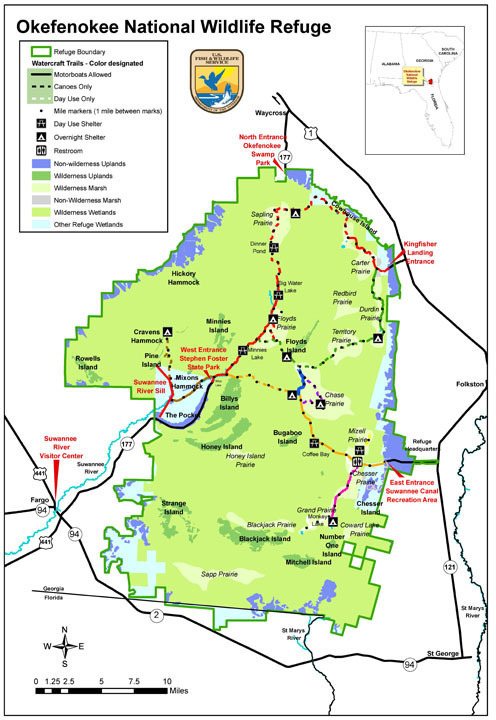 Map: Trails in Okefenokee NWR by U.S. FWS