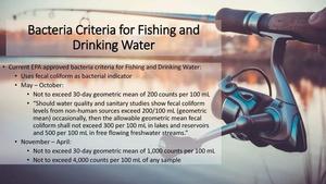 [Bacteria Criteria for Fishing and Drinking Water]