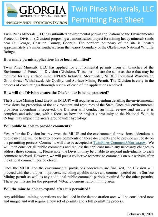 [Twin Pines Minerals LLC Permitting Fact Sheet]