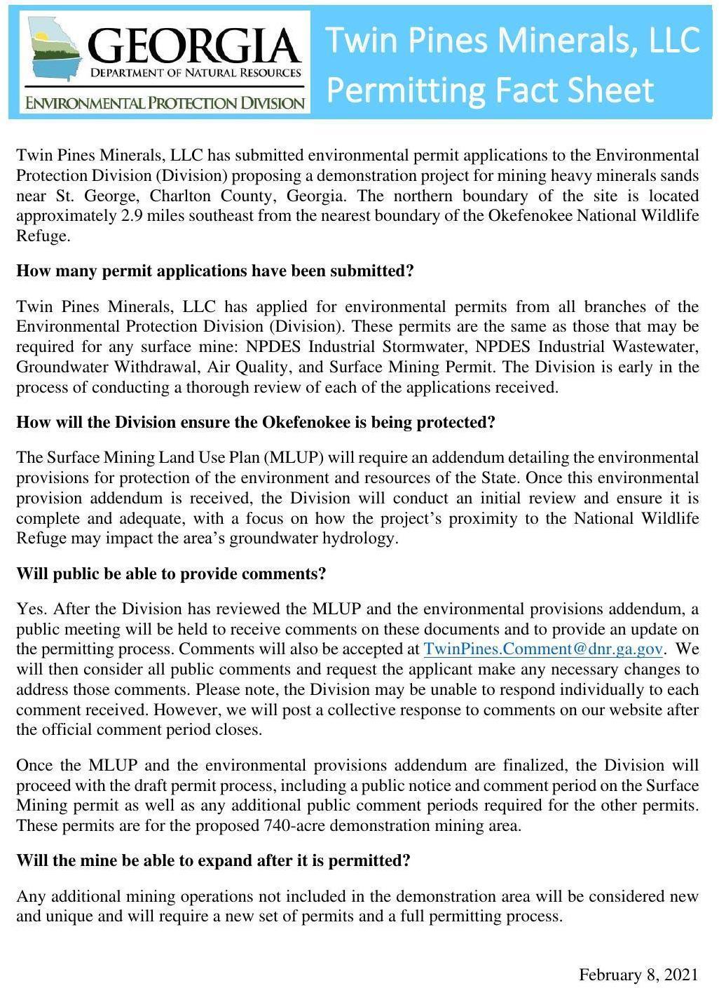 Twin Pines Minerals LLC Permitting Fact Sheet