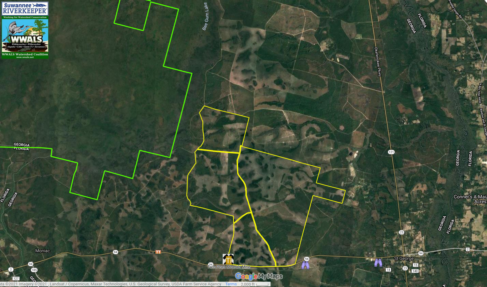 Map: Twin Pines Minerals land and Okefenokee NWR