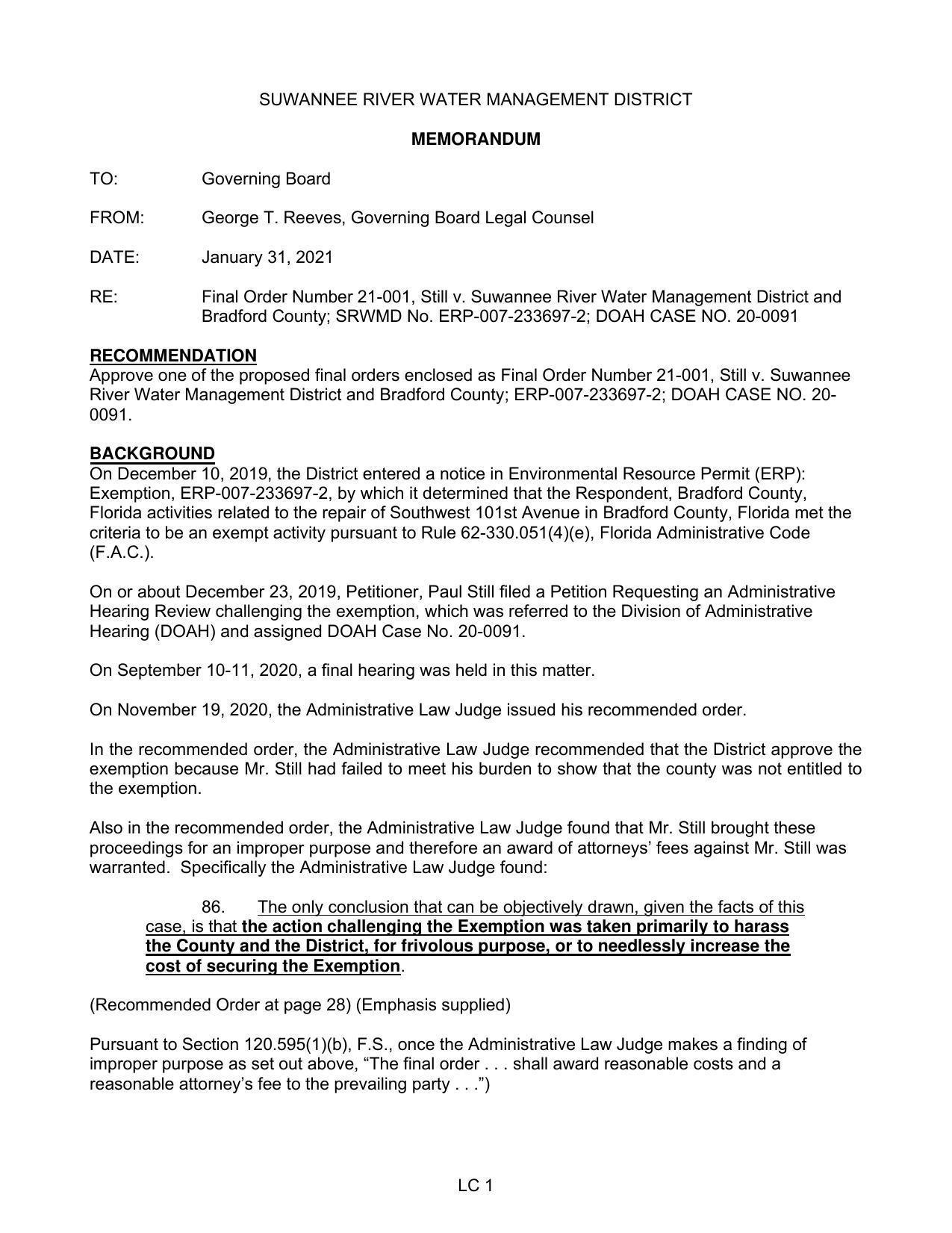 On December 10, 2019, the District entered a notice in Environmental Resource Permit (ERP):