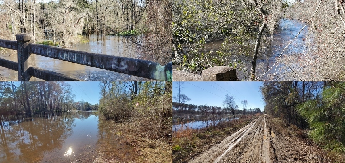 [Takeout flooded, eddies upstream, boat parking flooded, muddy entrance road]