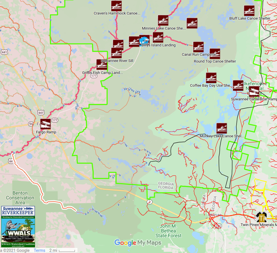 WWALS plain map: All Landings in the Suwannee River Basin