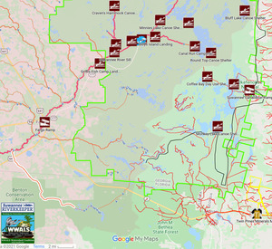 [WWALS plain map: All Landings in the Suwannee River Basin]