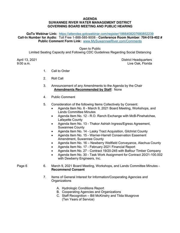 [Consent Agenda includes Lasky Tract Acquisition and Warner-Harrell Conservation Easement Amendment]