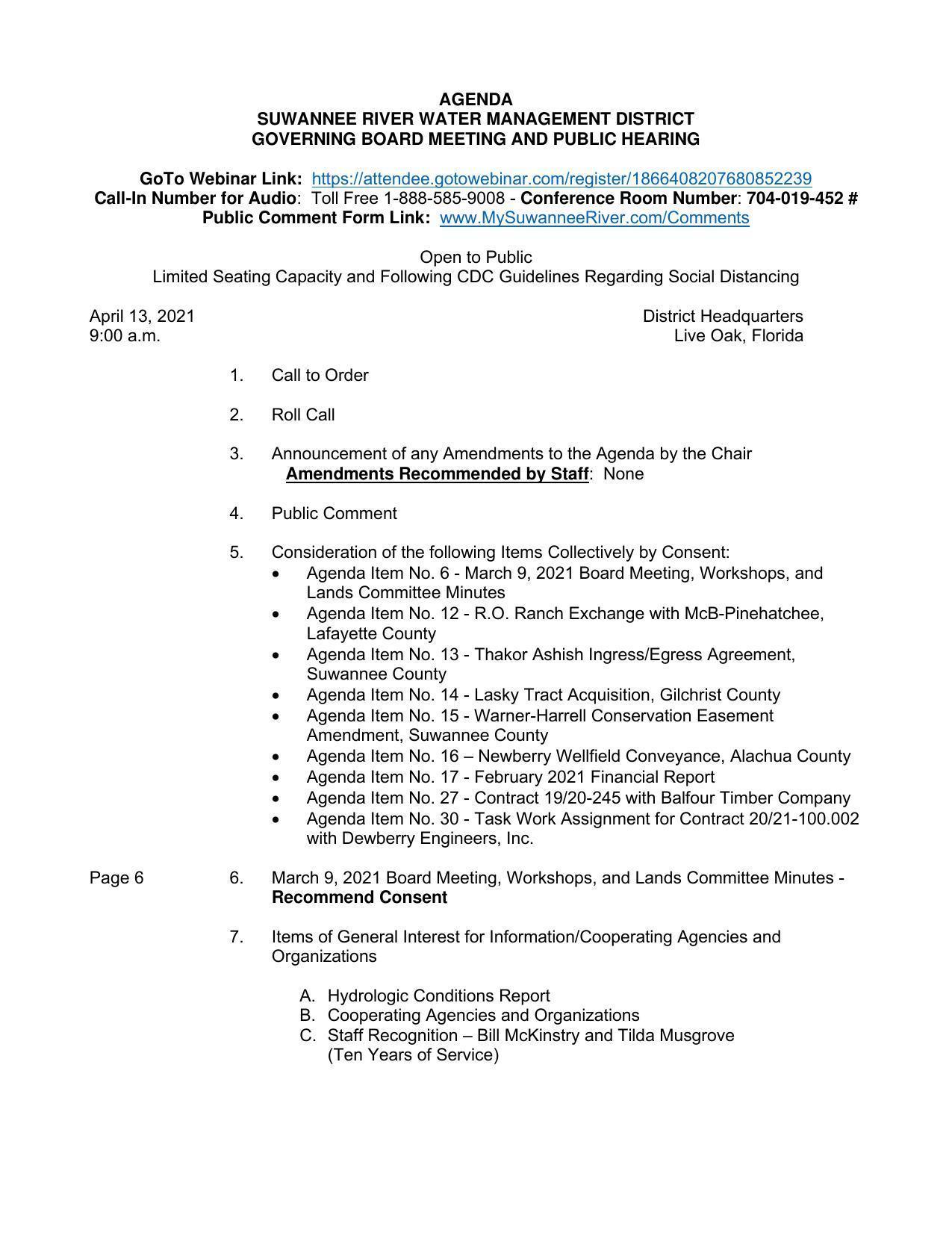 Consent Agenda includes Lasky Tract Acquisition and Warner-Harrell Conservation Easement Amendment