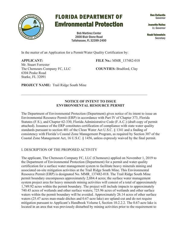 [FDEP Notice of Intent to Issue Permit]