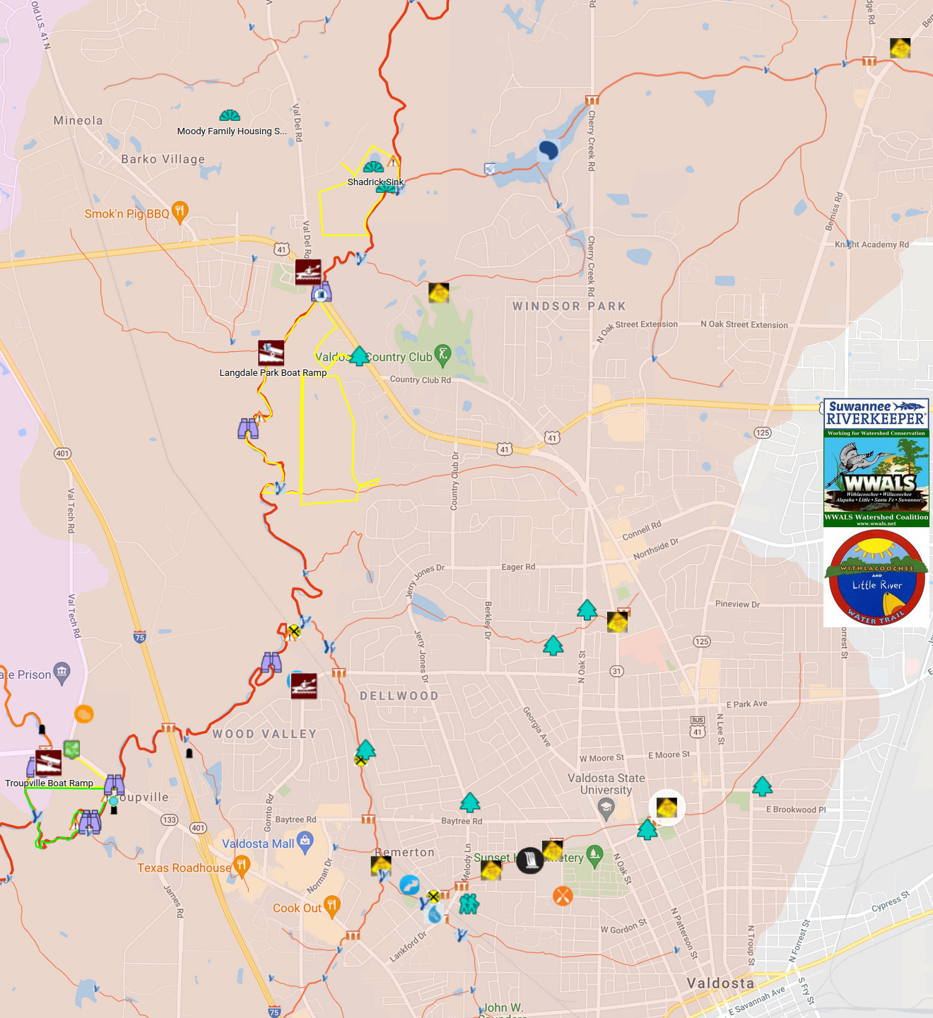 Map: Onemile Branch, Sugar Creek, Withlacoochee River, plus Cherry Creek