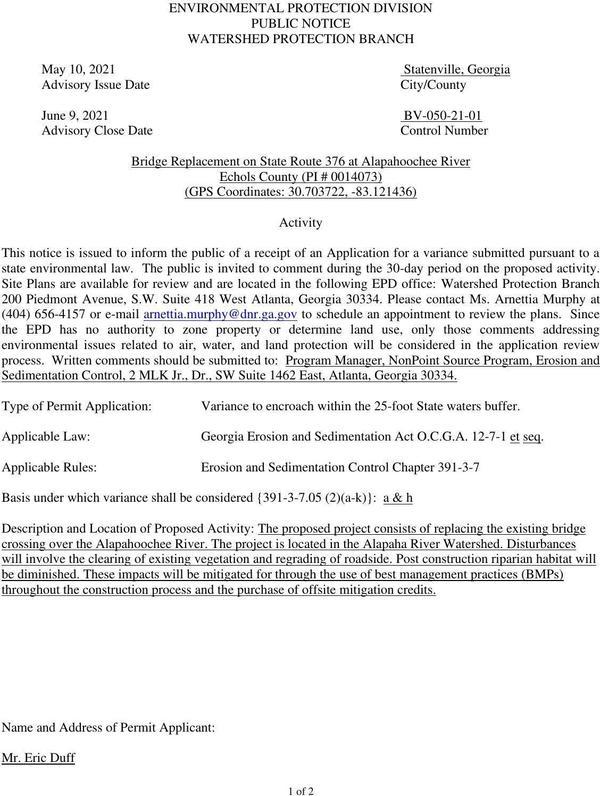 [Bridge Replacement on State Route 376 at Alapahoochee River, PI-0014073 Echols Co. Public Notice]