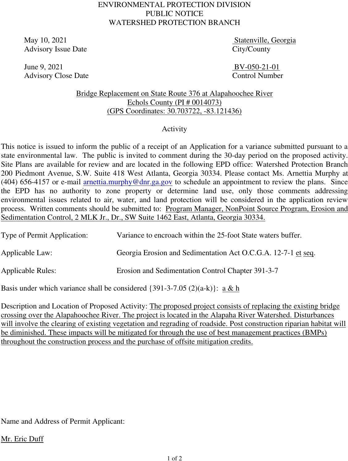 Bridge Replacement on State Route 376 at Alapahoochee River, PI-0014073 Echols Co. Public Notice