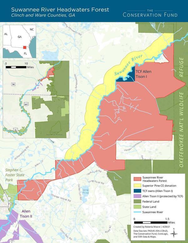 [Map: Suwannee River Headwaters Forest, Clinch and Ware Counties, GA, The CONSERVATION FUND]