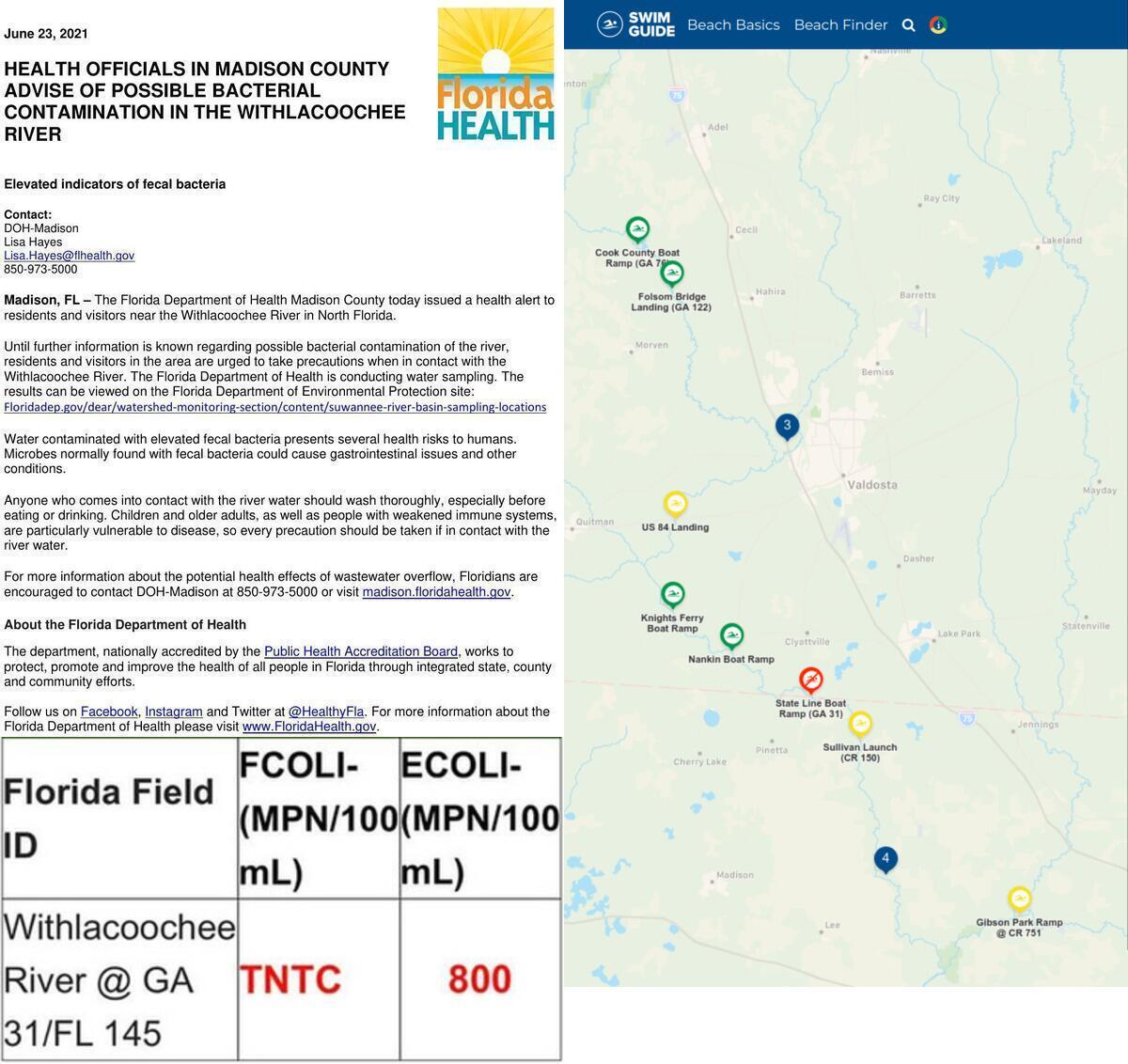 Bacterial Advisory, TNTC and 800 cfu/100 mL, Red State Line on Swim Guide