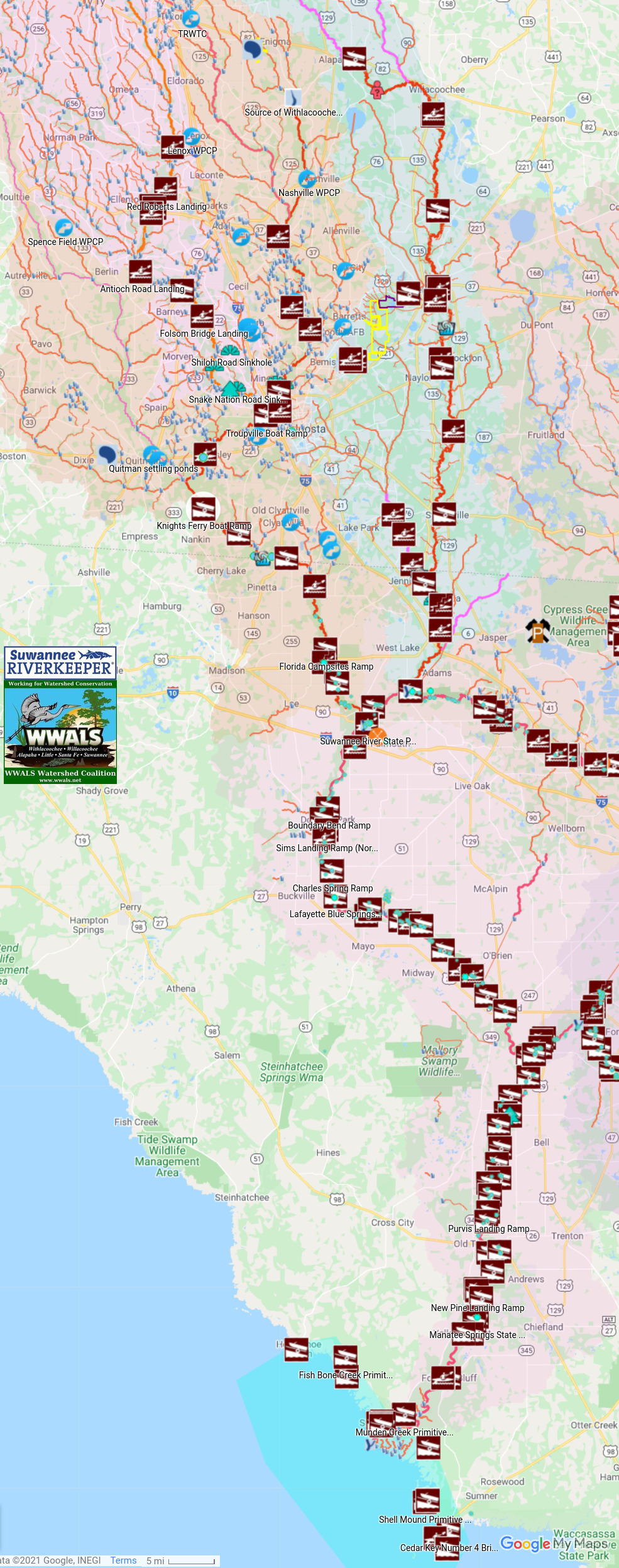 Map: Water Quality Testing Areas, Suwannee River Basin