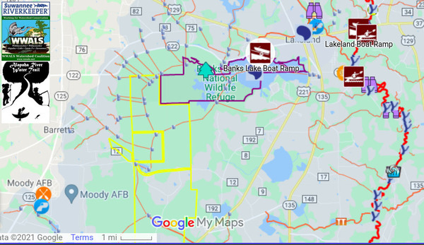 [Map: Banks Lake Boat Ramp, Alapaha River Water Trail]