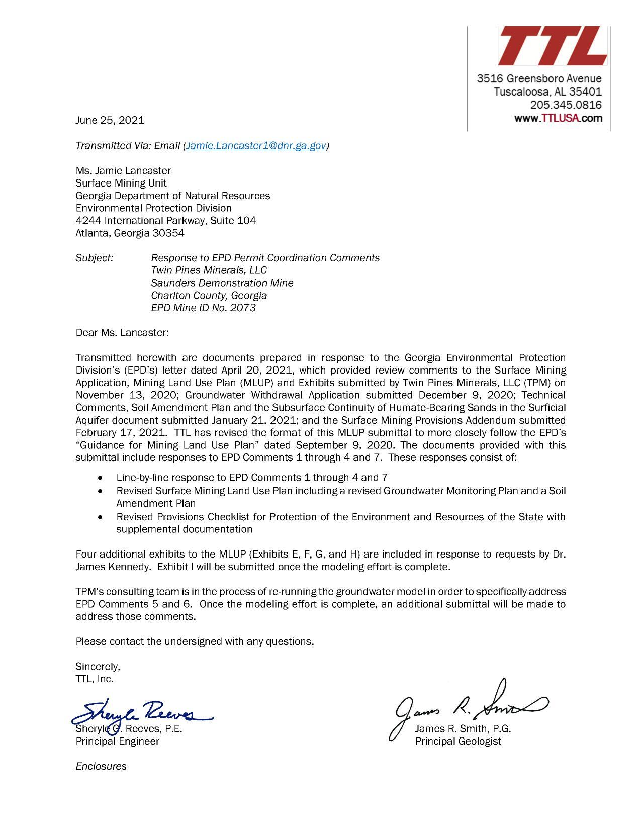 TPM Transmittal Cover Letter to EPD 6-25-21