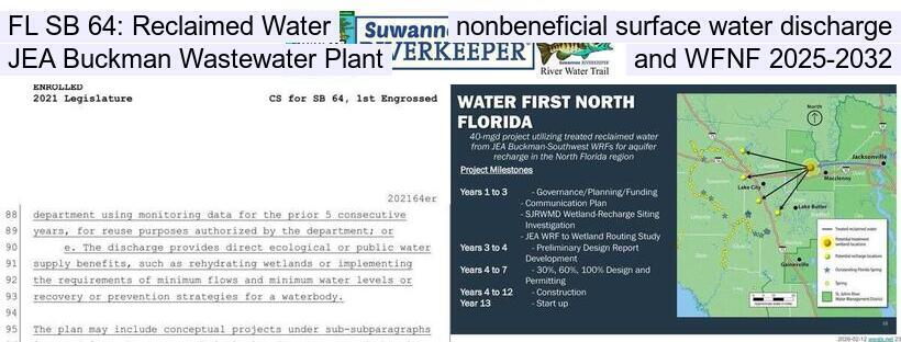 FL SB 64: Reclaimed Water, nonbeneficial surface water discharge, JEA Buckman Wastewater Plant, and WFNF 2025-2032