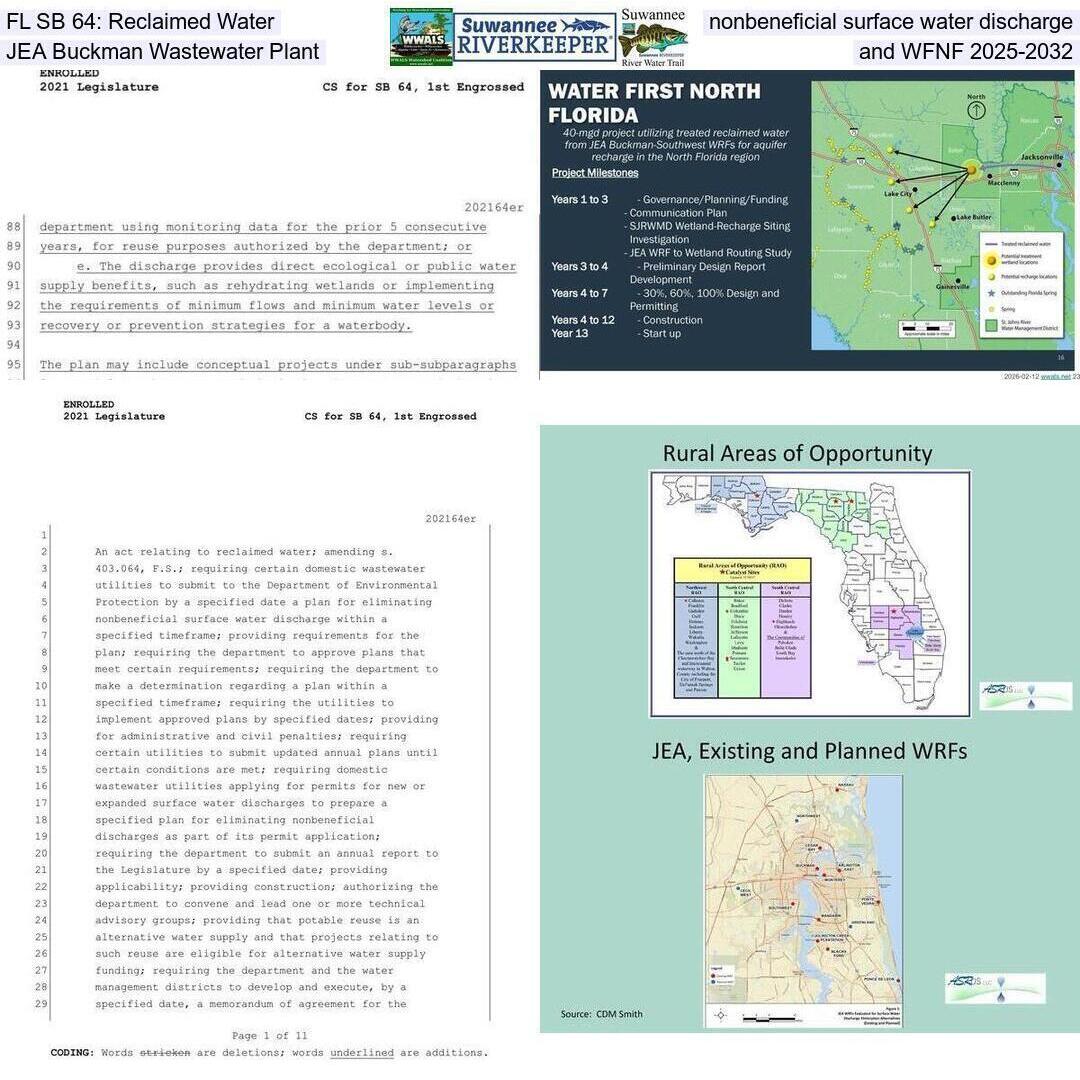 FL SB 64: Reclaimed Water, nonbeneficial surface water discharge, JEA Buckman Wastewater Plant, and WFNF 2025-2032