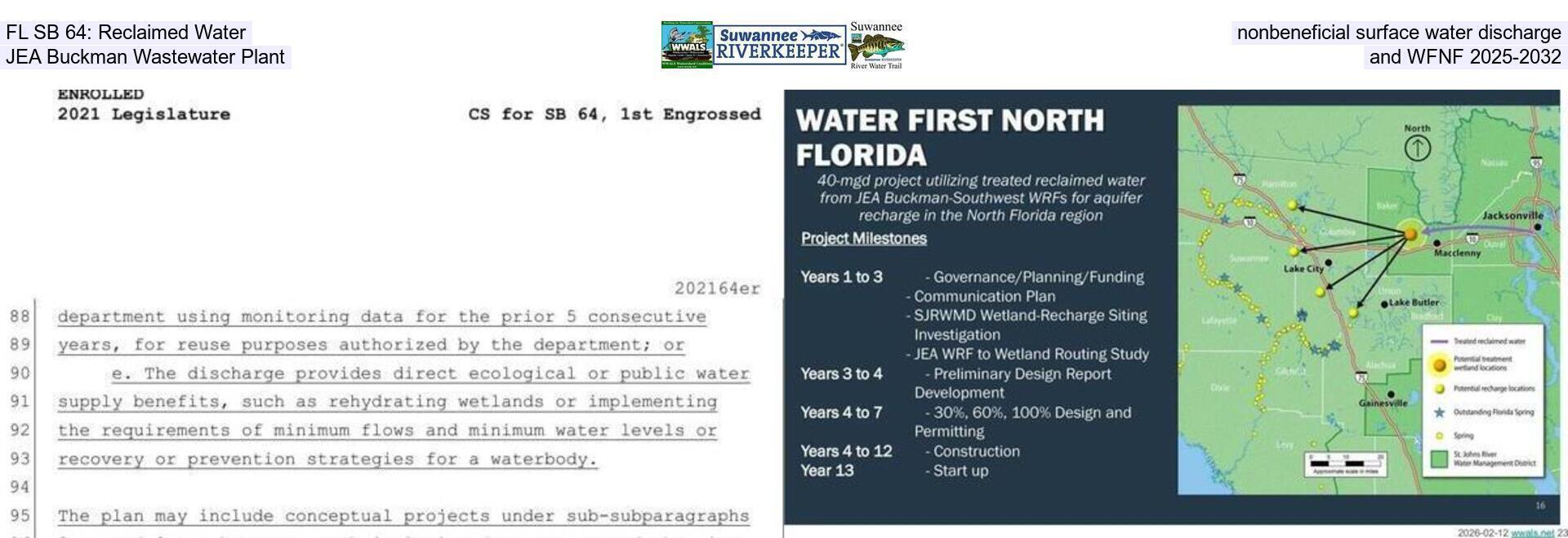 [FL SB 64: Reclaimed Water, nonbeneficial surface water discharge, JEA Buckman Wastewater Plant, and WFNF 2025-2032]