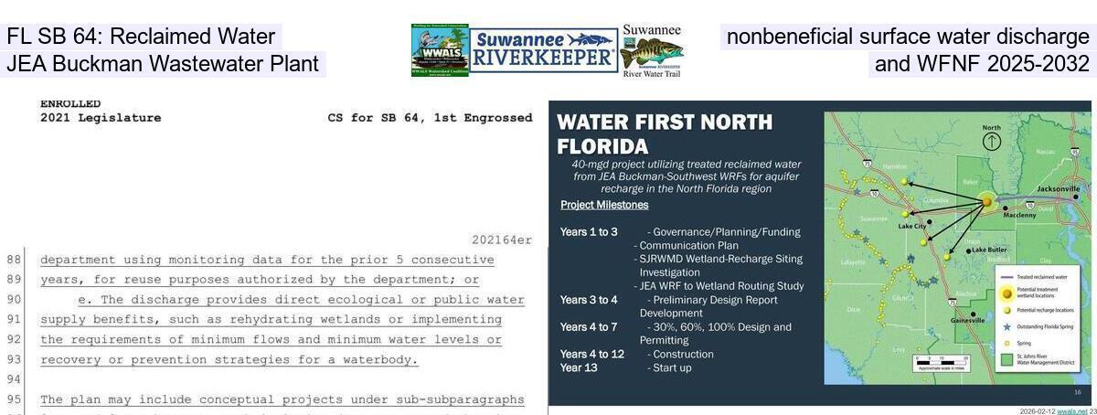 FL SB 64: Reclaimed Water, nonbeneficial surface water discharge, JEA Buckman Wastewater Plant, and WFNF 2025-2032