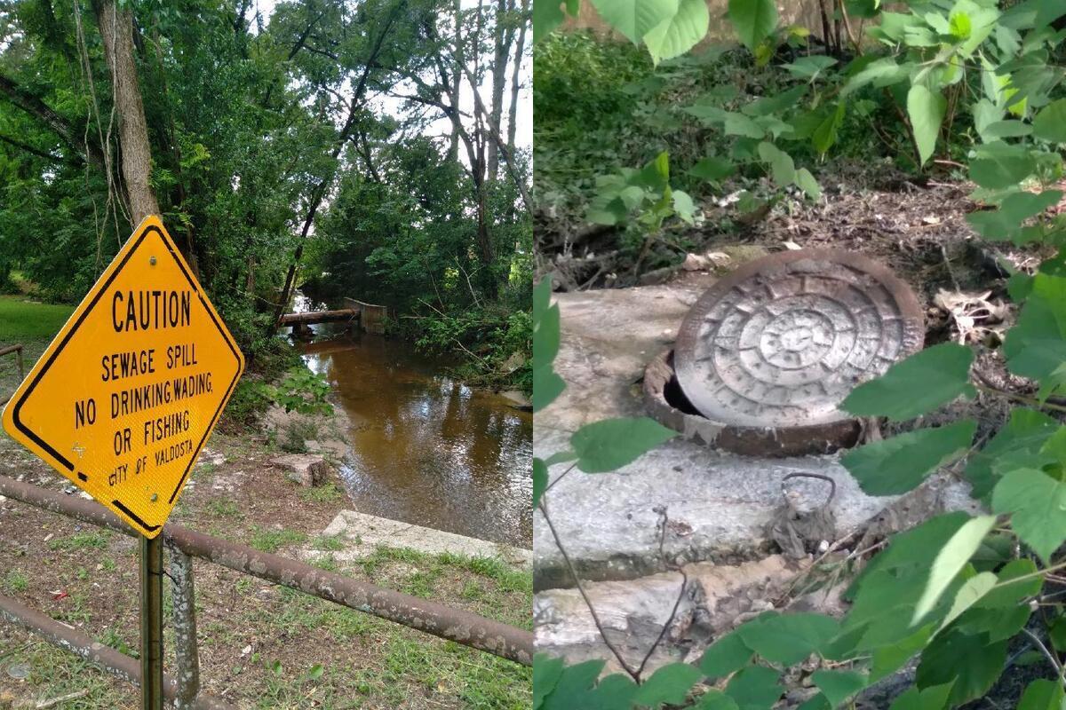 Caution, Sewage Spill, Manhole ajar, Wainwright Drive, Onemile Branch, Valdosta, GA