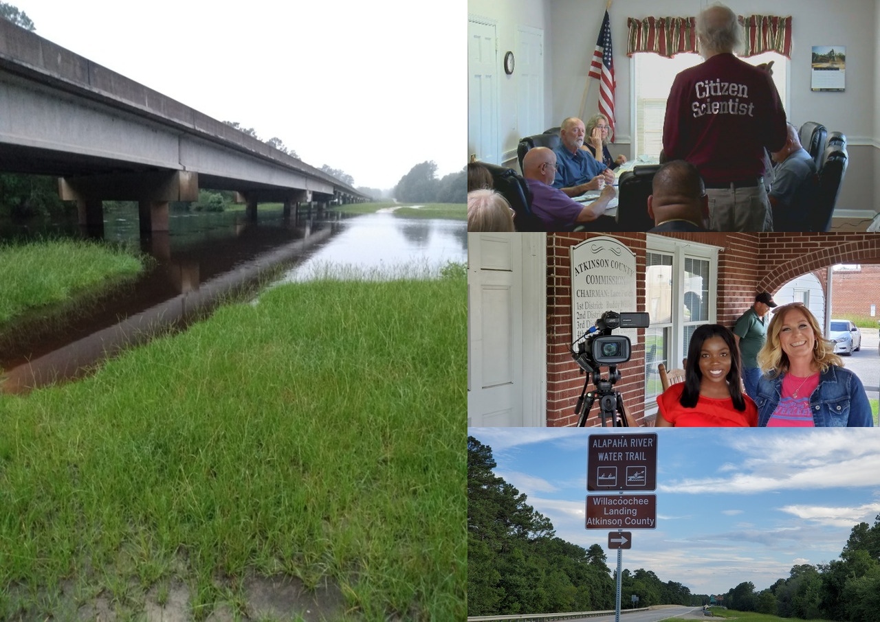 Willacoochee Landing @ GA 135, Alapaha River Water Trail, Suwannee Riverkeeper at Atkinson County Commission, Reporter Typhani Gray and Tester Valerie Folsom, ARWT road sign