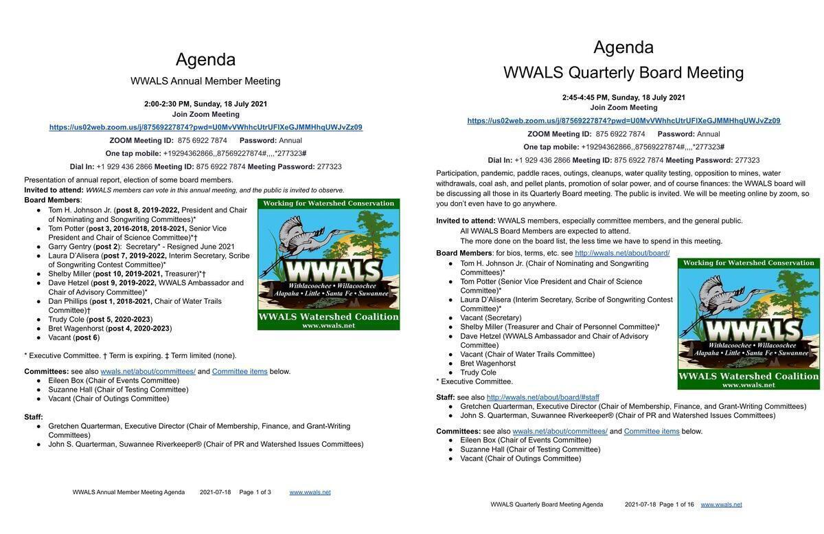 Agendas, Annual Member Meeting, Quarterly Board Meeting, WWALS