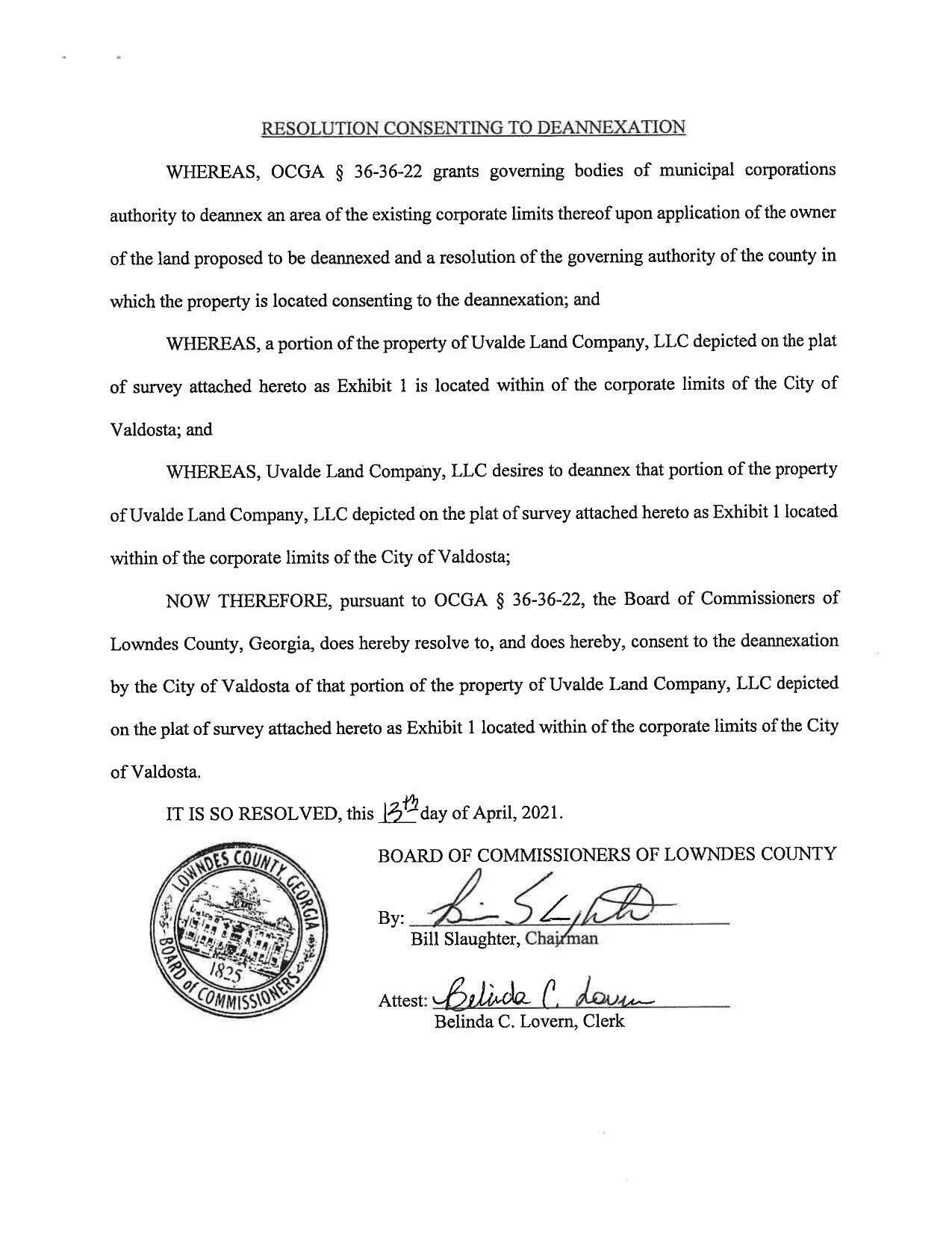 Resolution Consenting to Deannexation by Lowndes County Commission