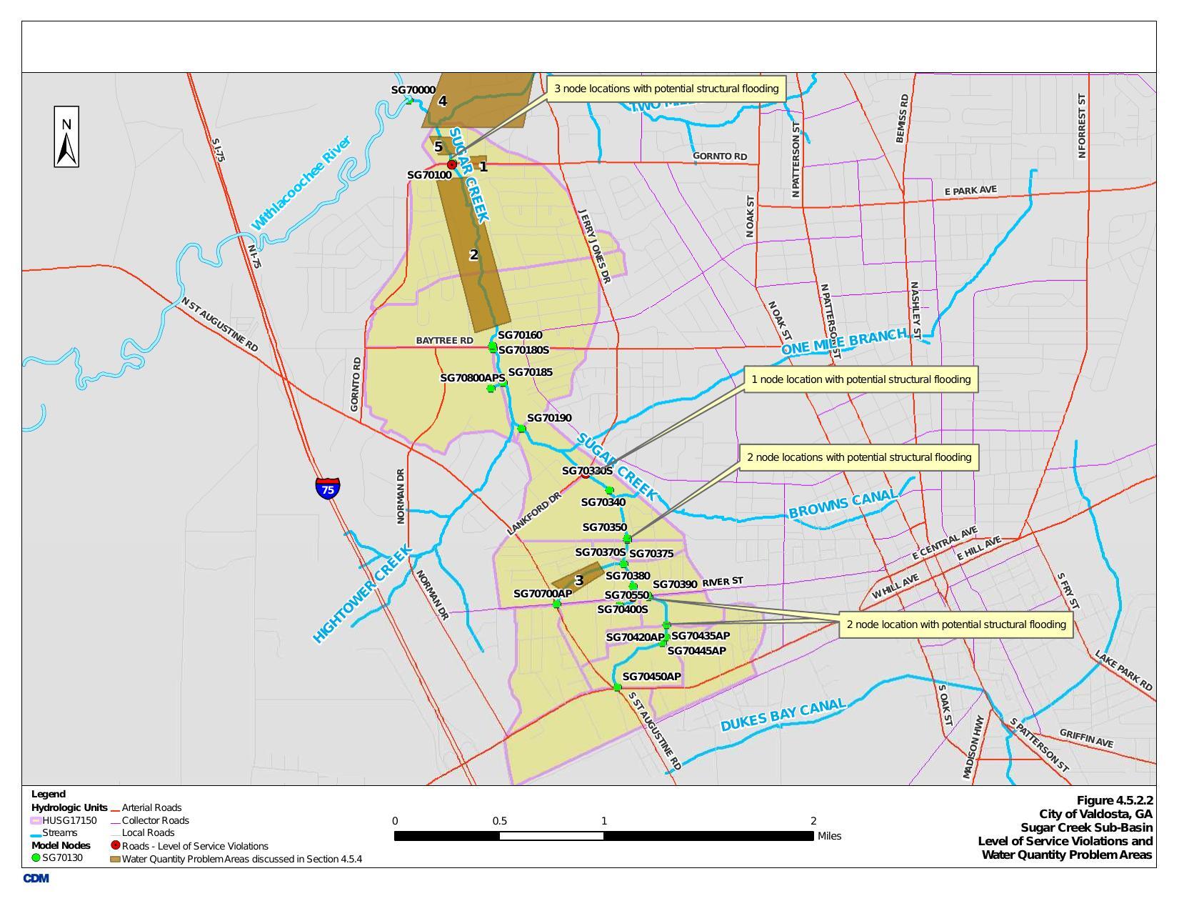 Figure 4.5.2.2 Sugar Creek Sub-Basin Level of Service Violations and Water Quantity Problem Areas