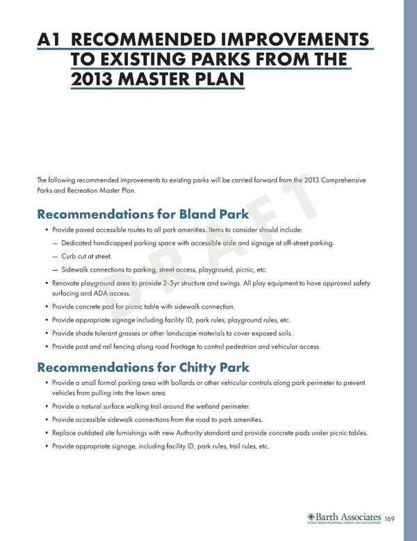 A1: RECOMMENDED IMPROVEMENTS TO EXISTING PARKS FROM THE 2013 MASTER PLAN; Bland Park, Chitty Park