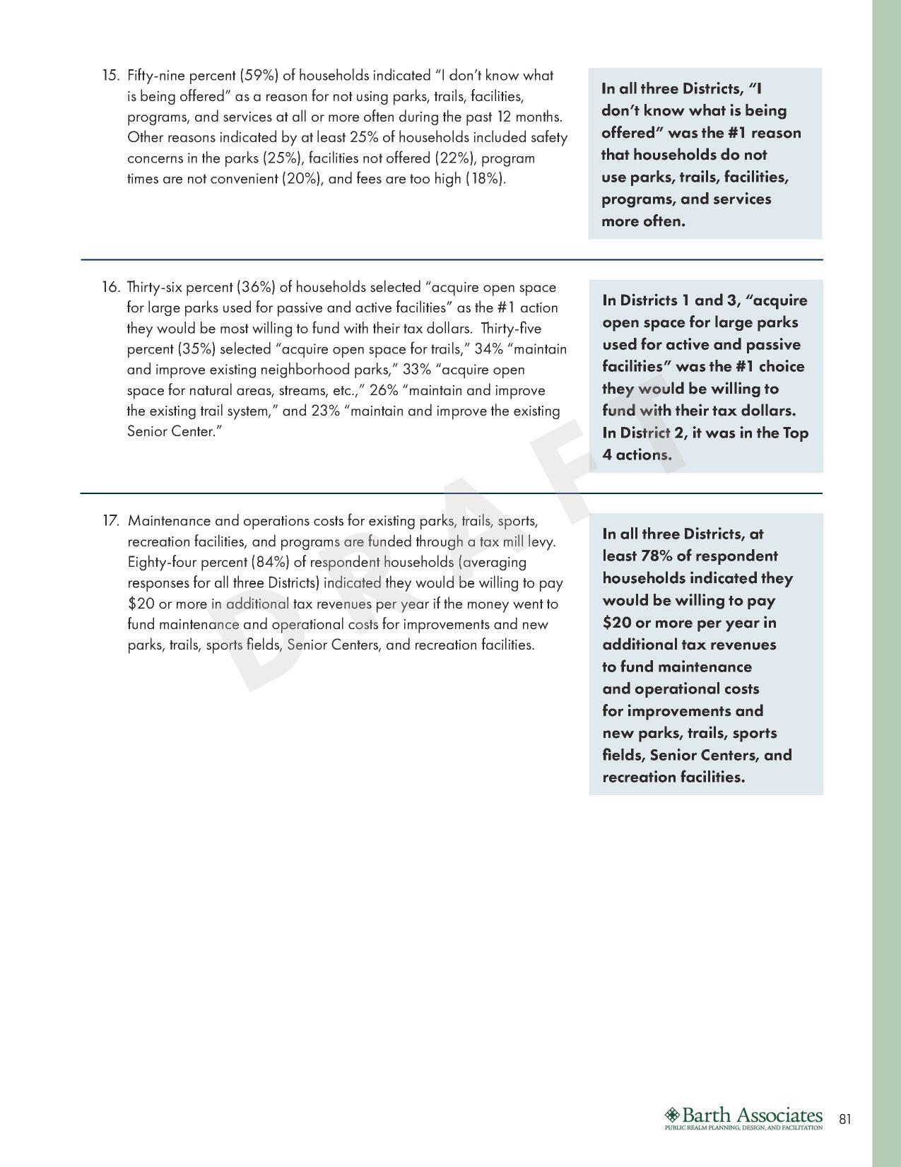 In all three Districts, “1 don’t know what is being offered” was the #1 reason that households do not use parks, trails, facilities, programs, and services more often,