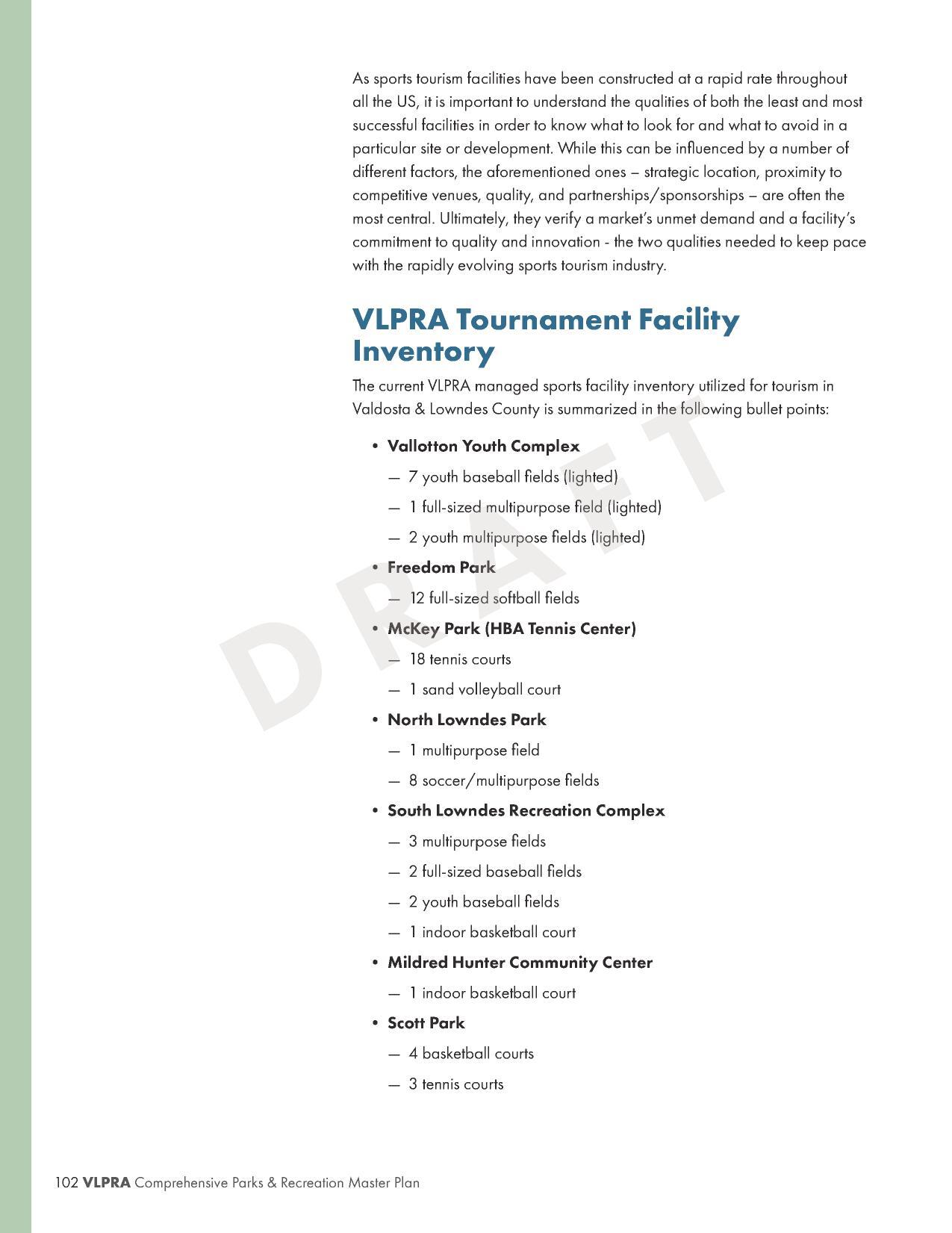 VLPRA Tournament Facility Inventory