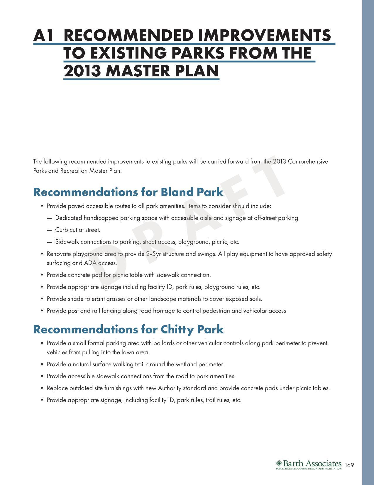 A1: RECOMMENDED IMPROVEMENTS TO EXISTING PARKS FROM THE 2013 MASTER PLAN; Bland Park, Chitty Park