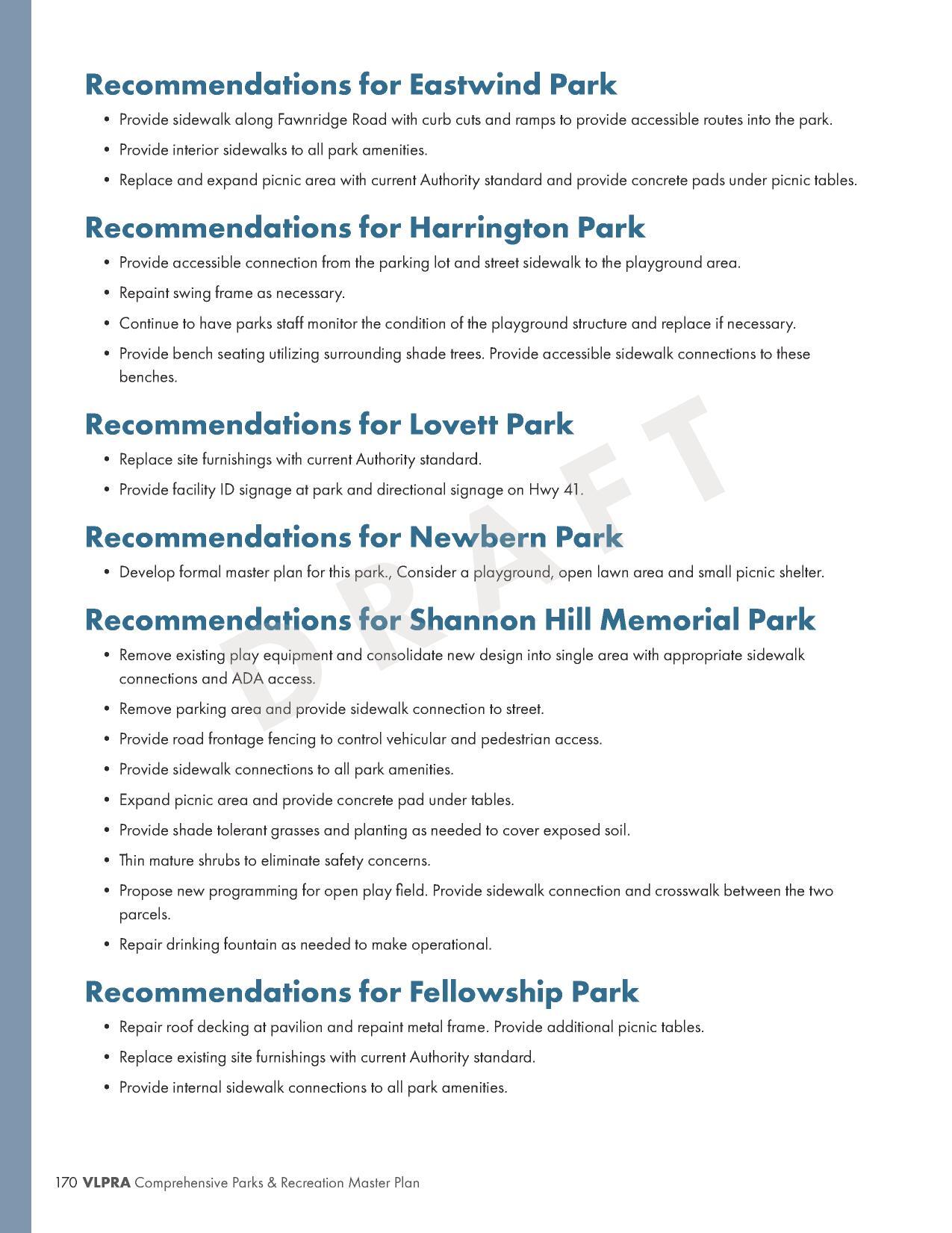 Recommendations for Eastwind Park, Harrington Park, Lovett Park, Newbern Park, Shannon Hill Memorial Park, Fellowship Park