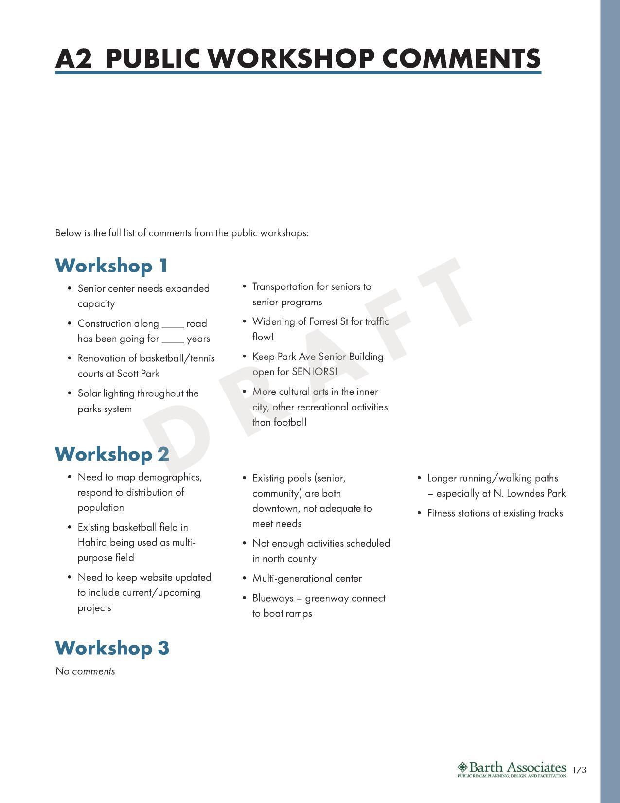 A2 PUBLIC WORKSHOP COMMENTS; Workshops 1, 2, 3