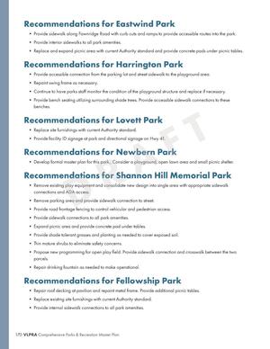 [Recommendations for Eastwind Park, Harrington Park, Lovett Park, Newbern Park, Shannon Hill Memorial Park, Fellowship Park]