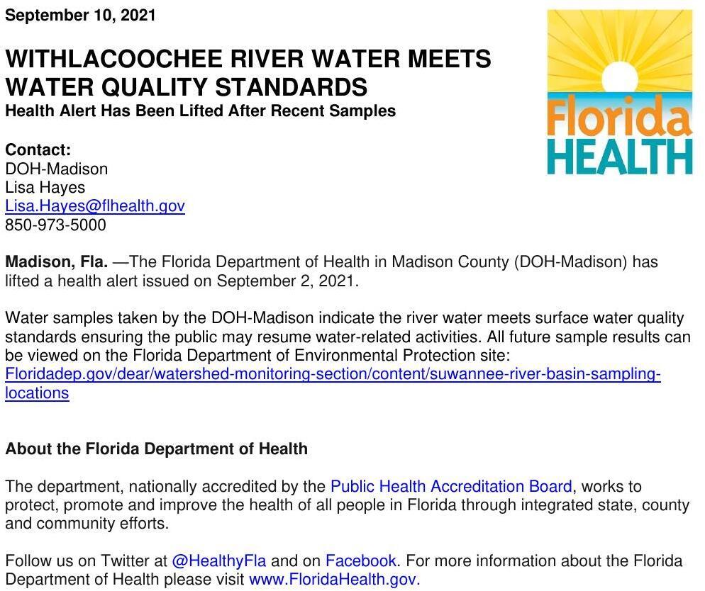 Lifting Withlacoochee River Advisory 2021-09-10