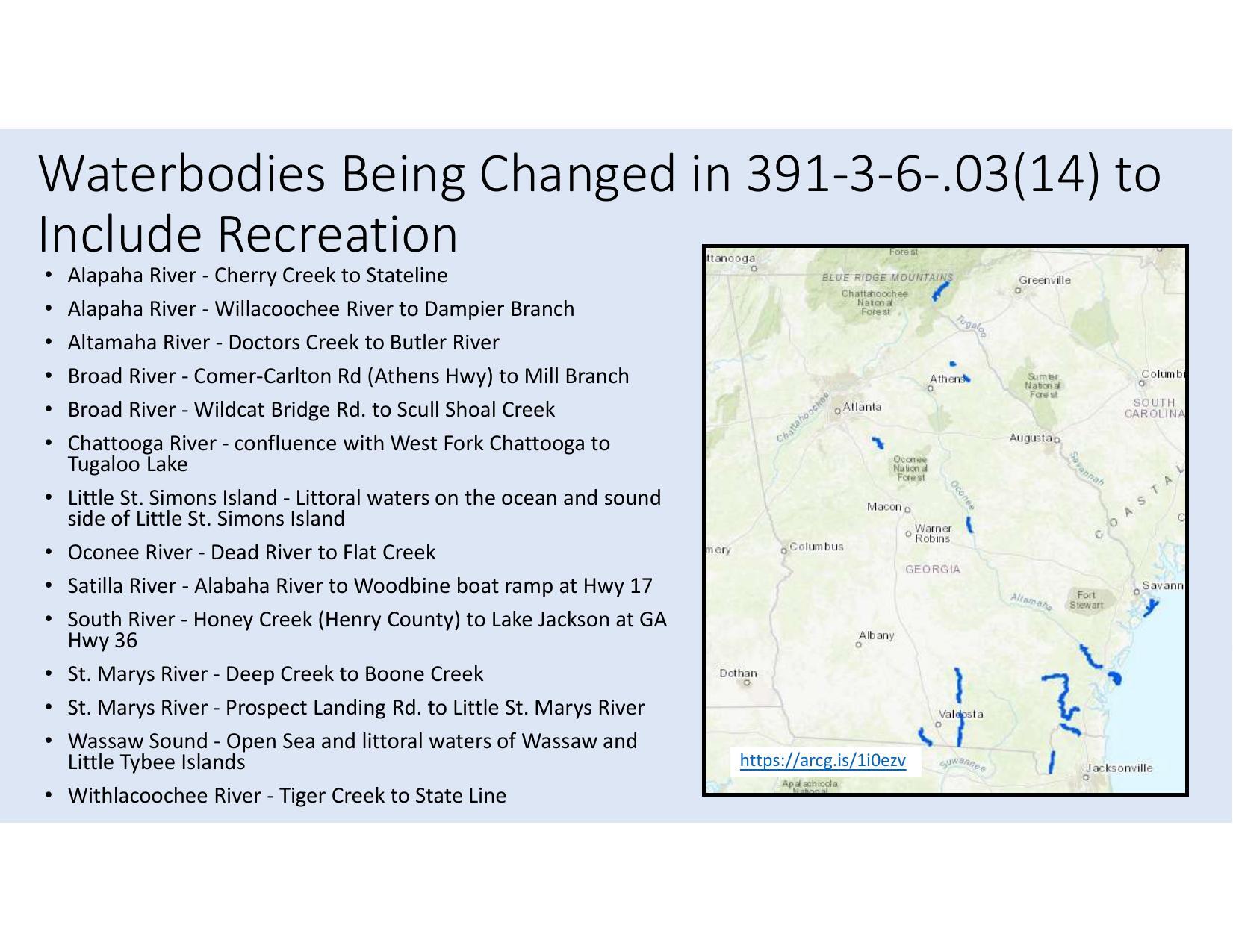 Waterbodies Being Changed in 391-3-6-.03(14) to Include Recreation