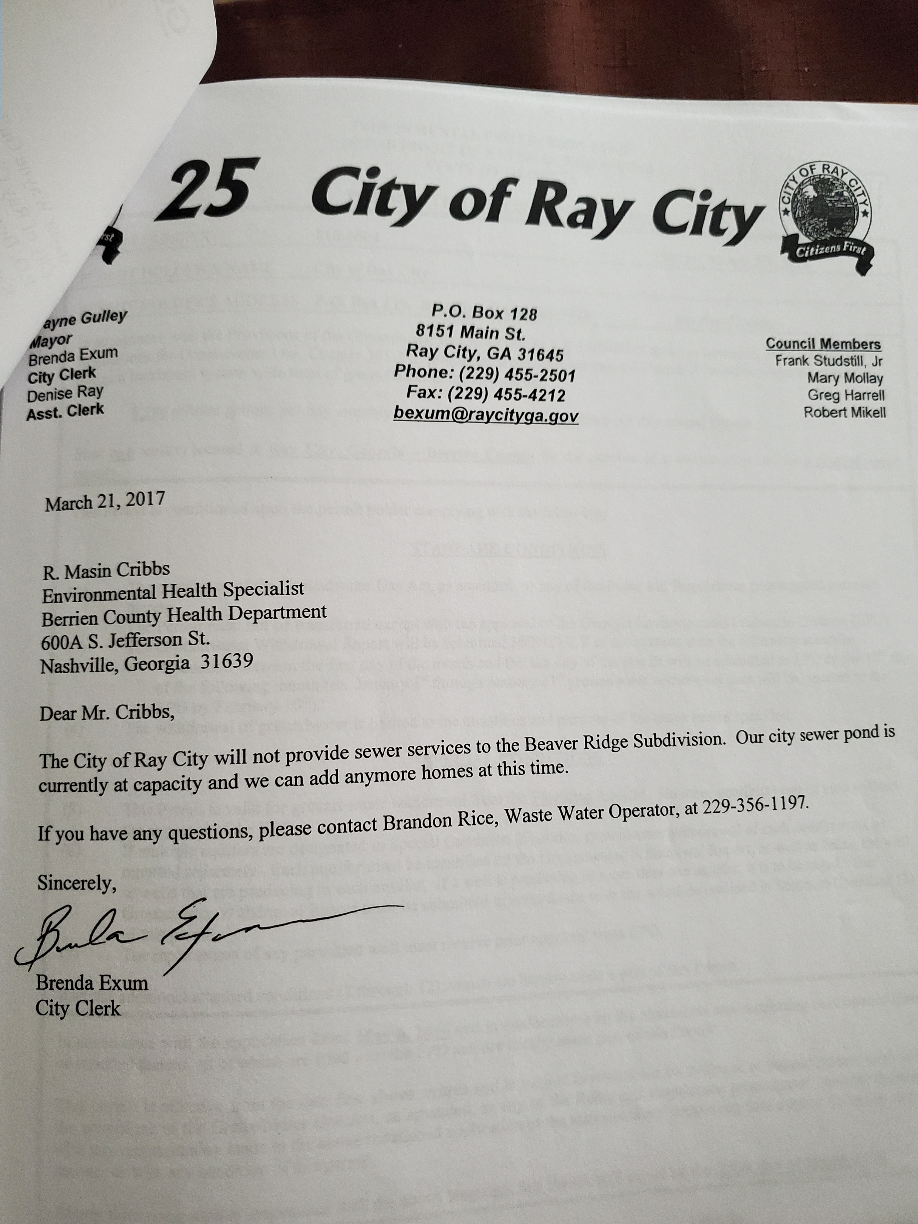 The City of Ray City will not provide sewer services to the Beaver Ridge Subdivision.