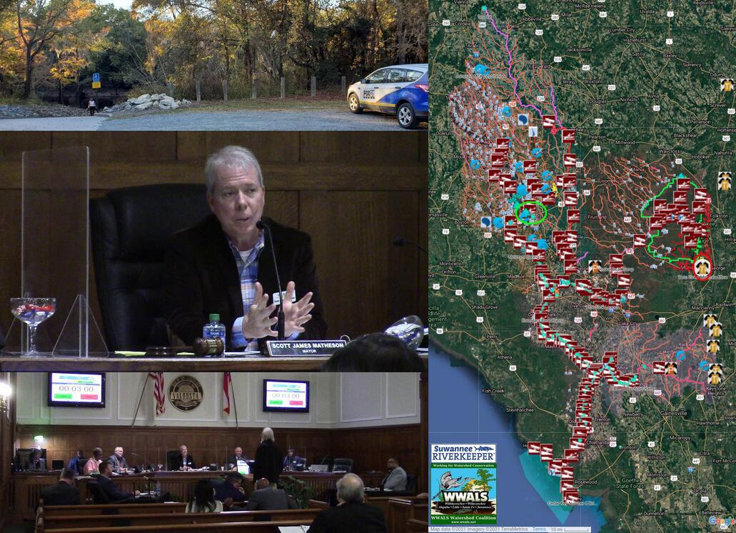 [Reporter, Mayor, Suwannee Riverkeeper, mine in WWALS Suwannee River Basin map]