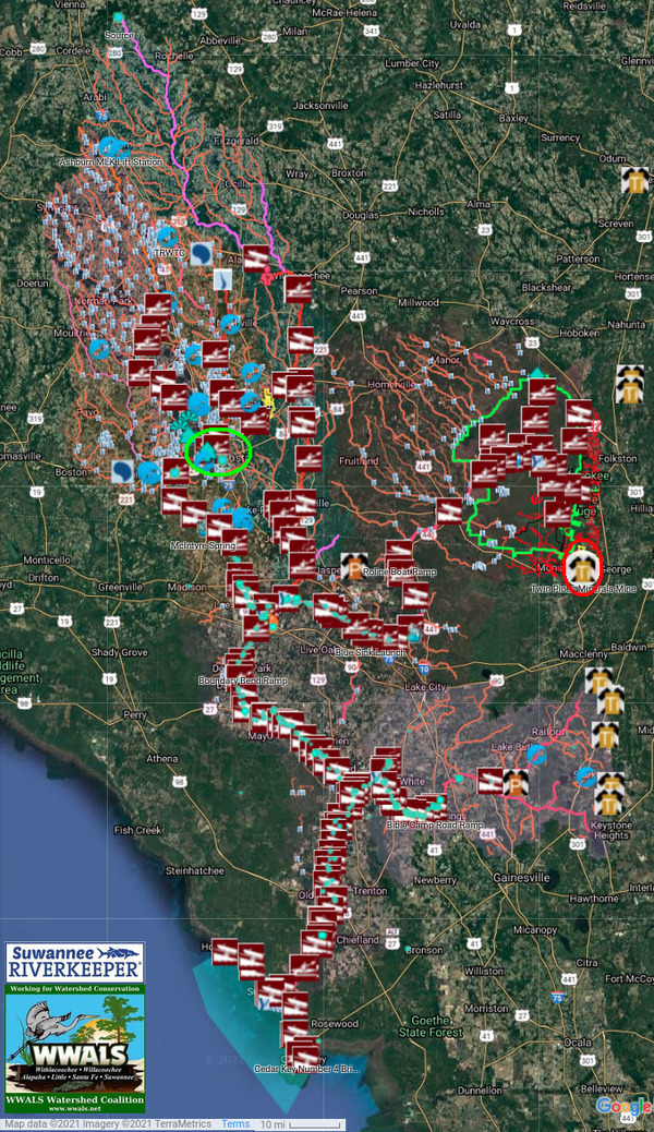 [Map: Suwannee River Basin; Valdosta green circle; TPM mine red ellipse on the right]