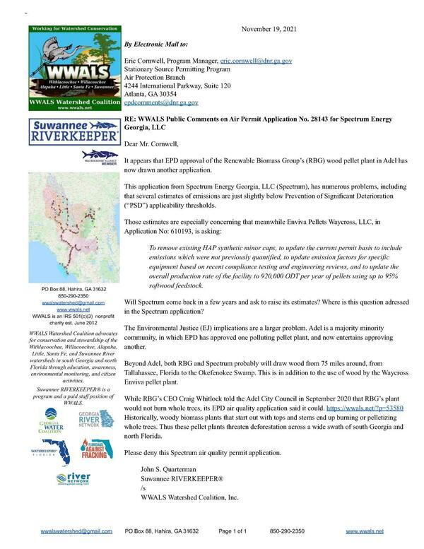 [WWALS Public Comments on Air Permit Application No. 28143 for Spectrum Energy Georgia, LLC 2021-11-19]