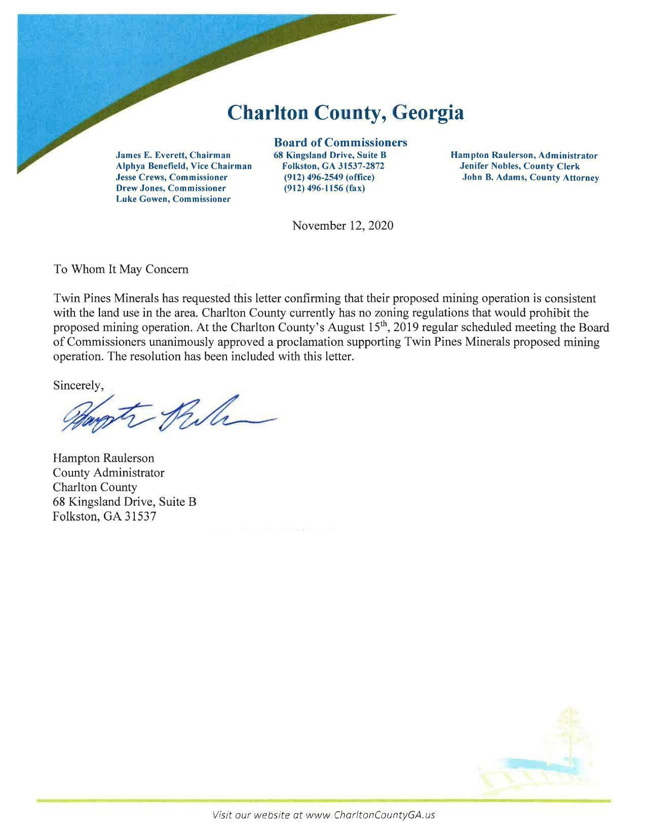 Charlton County letter confirming no land use prohibitions 2020-11-12