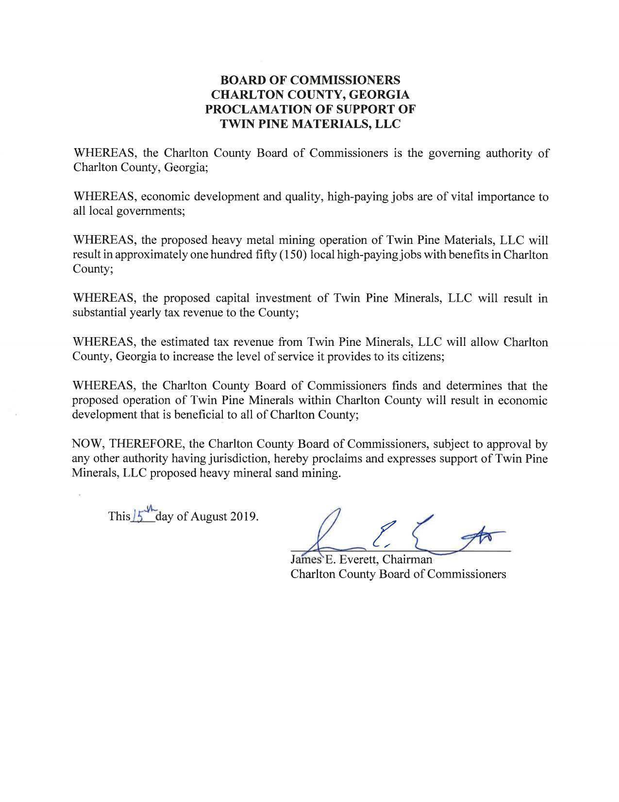 Charlton County resolution supporting the mine 2019-08-15