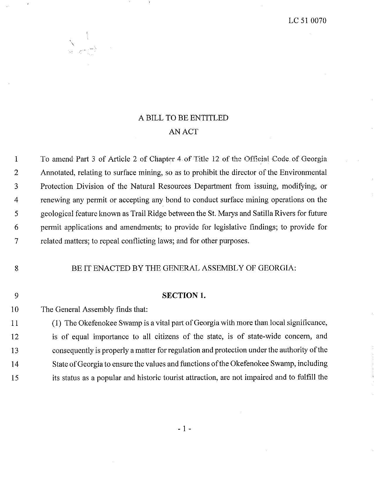 Section 1: (1) The Okefenokee Swamp is a vital part of Georgia with more than local significance...